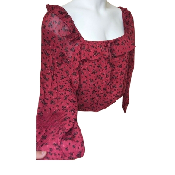 TRIXXI new burgundy & black sheer long sleeve ruffle floral chiffon blouse - Picture 4 of 16